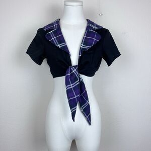 Bedtime Stories Shirt Womens Extra Small Cropped Tie Front Plaid Gothic Punk